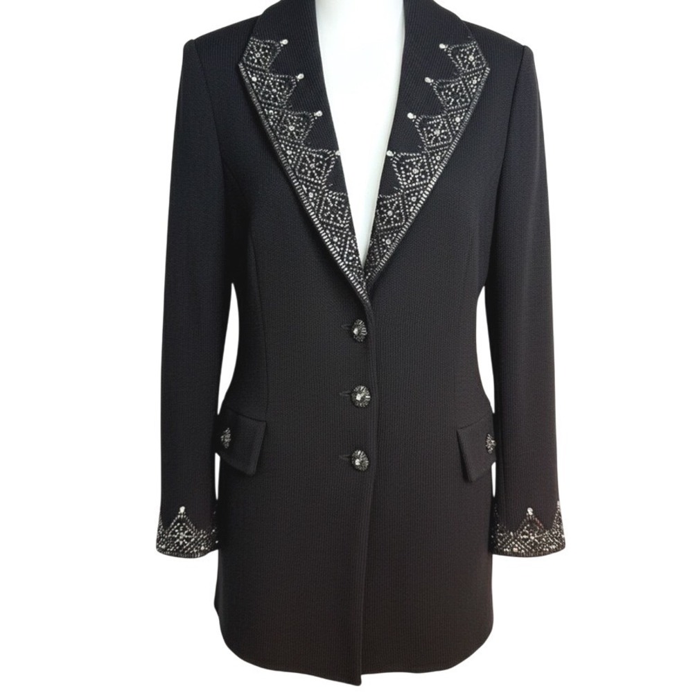 St John Evening Marie Gray Black Santana Knit Beaded Sequin Blazer Vintage 2